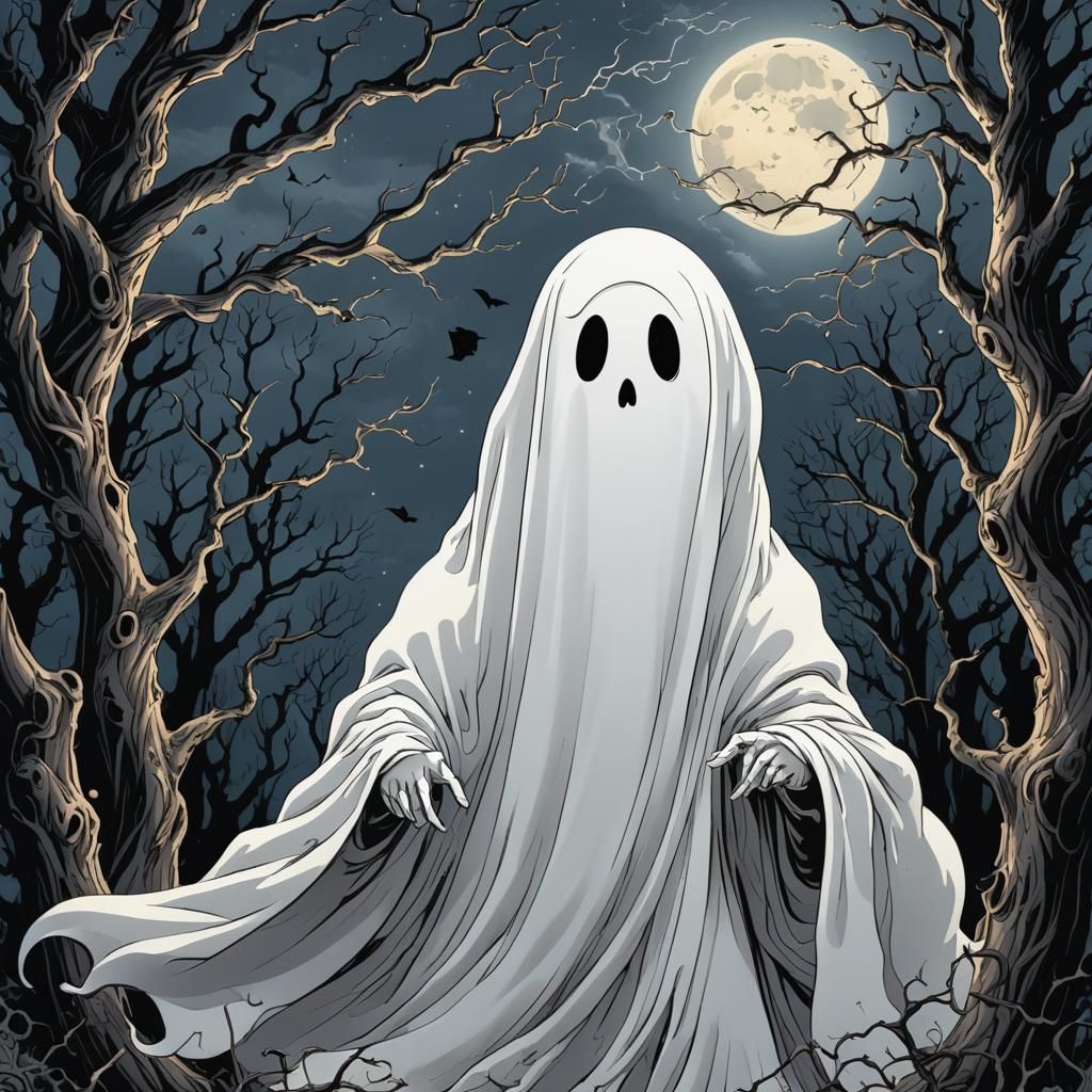 Playful Ghost in Moonlit Scene, Comic Book Style