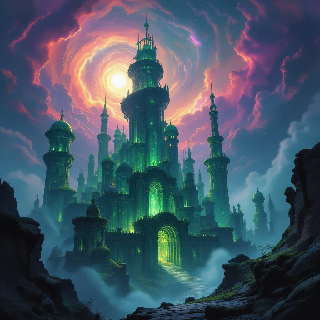 Alien City of Glowing Spider Silk in Surreal Style