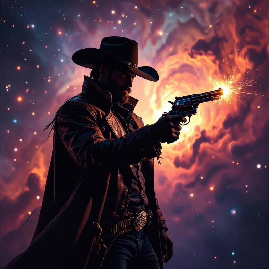 Cosmic Cowboy Silhouette with Glowing Revolver