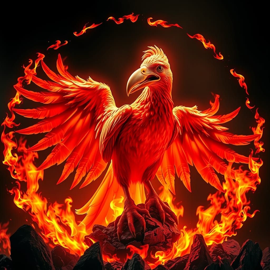 Fiery Phoenix Rising from Ashes in Dramatic Lighting