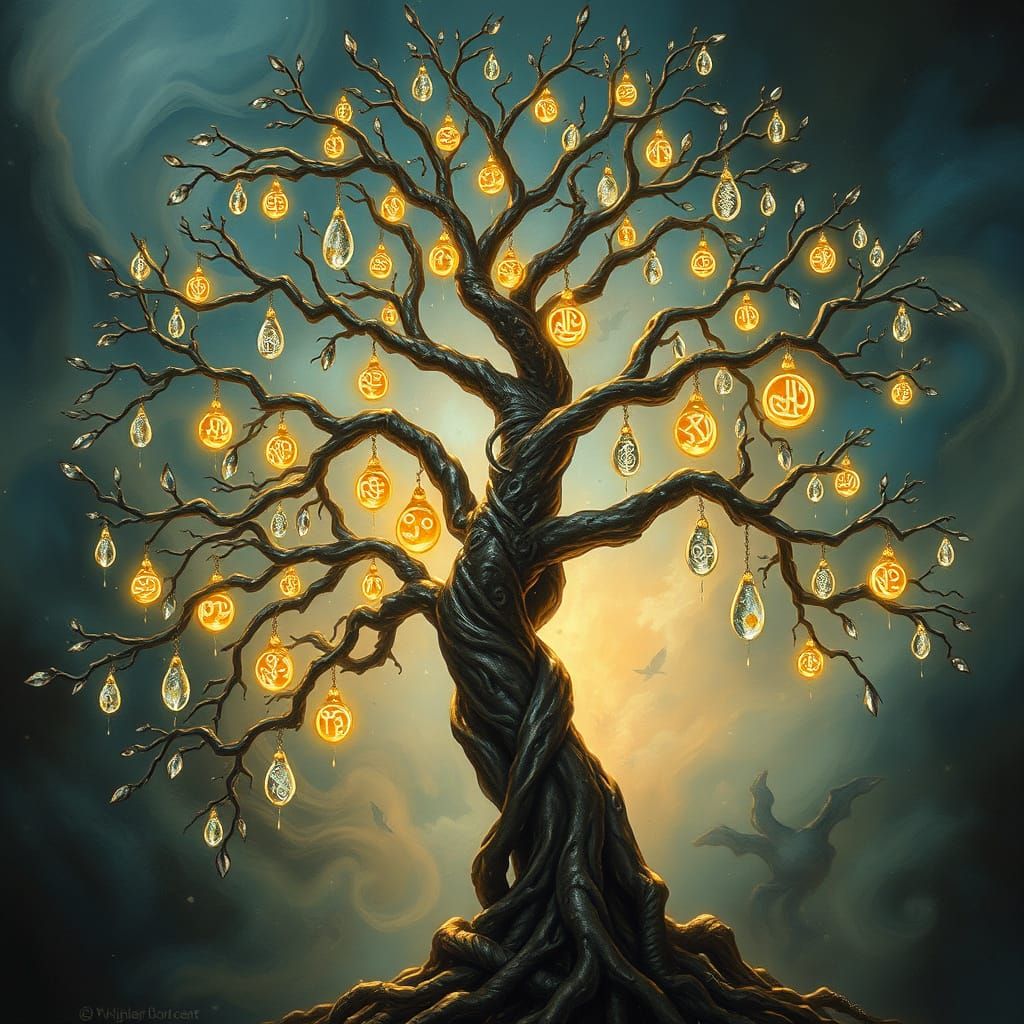 Celtic Tree of Life with Glowing Raindrops