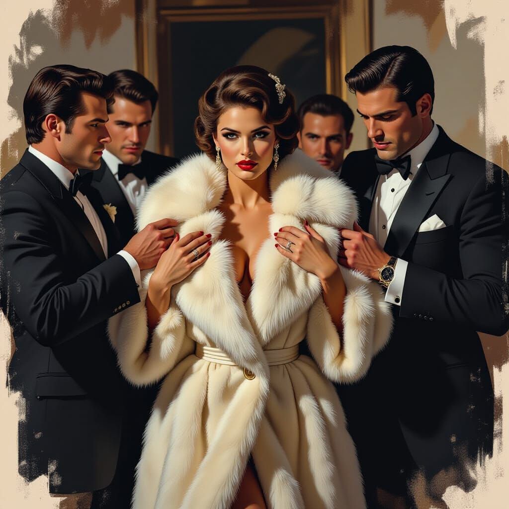 Dramatic Confrontation: Woman in Fur Coat, Caravaggio Style