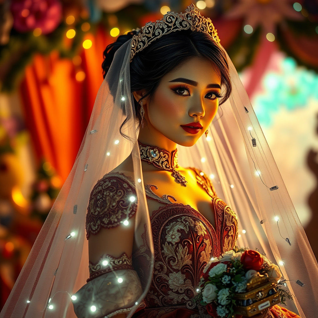 Bride in Brown Gown with Toy Cars and LED Lights