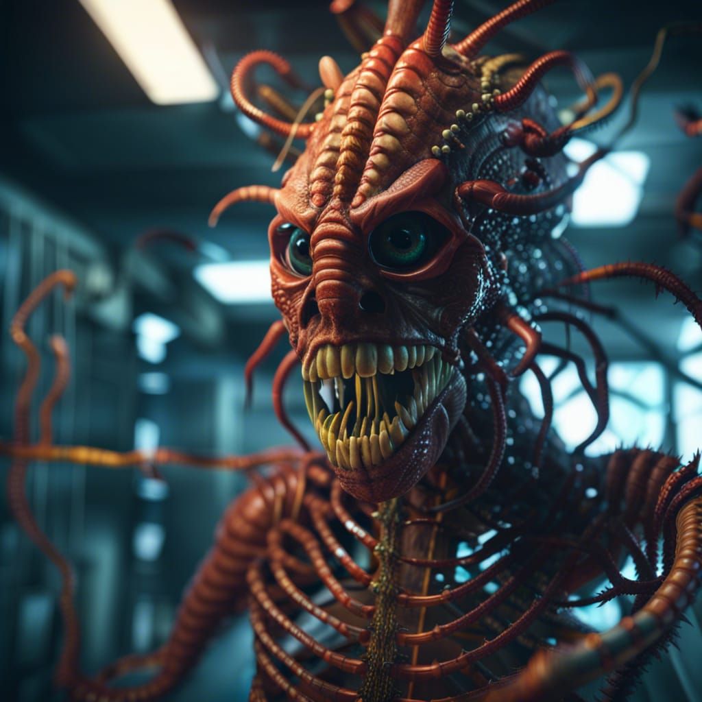 Terrifying Mutant Centipede Portrait in Laboratory Cage