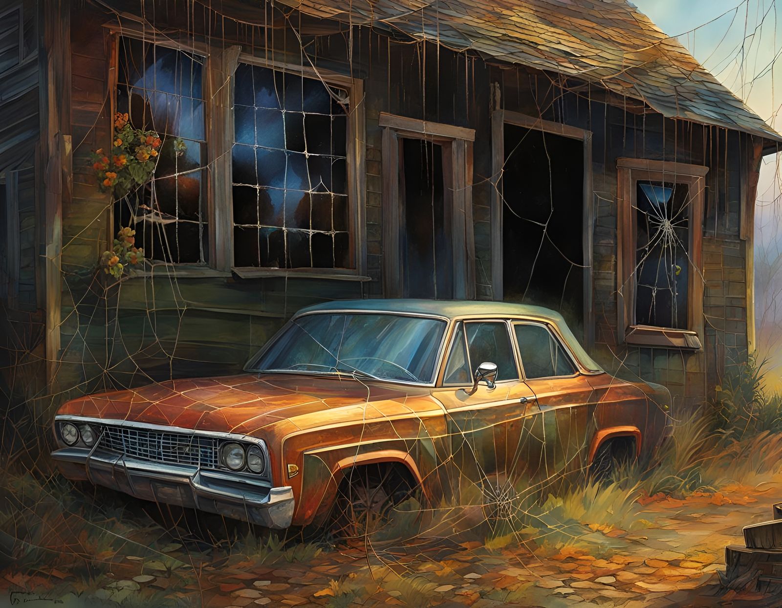 Dystopian Shack with Spiderwebs in Watercolor Style