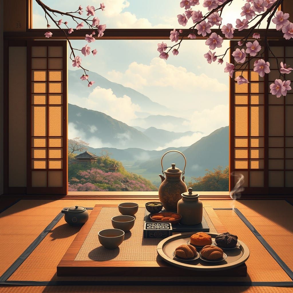 Traditional Japanese Tea Room in Serene Mountain Setting