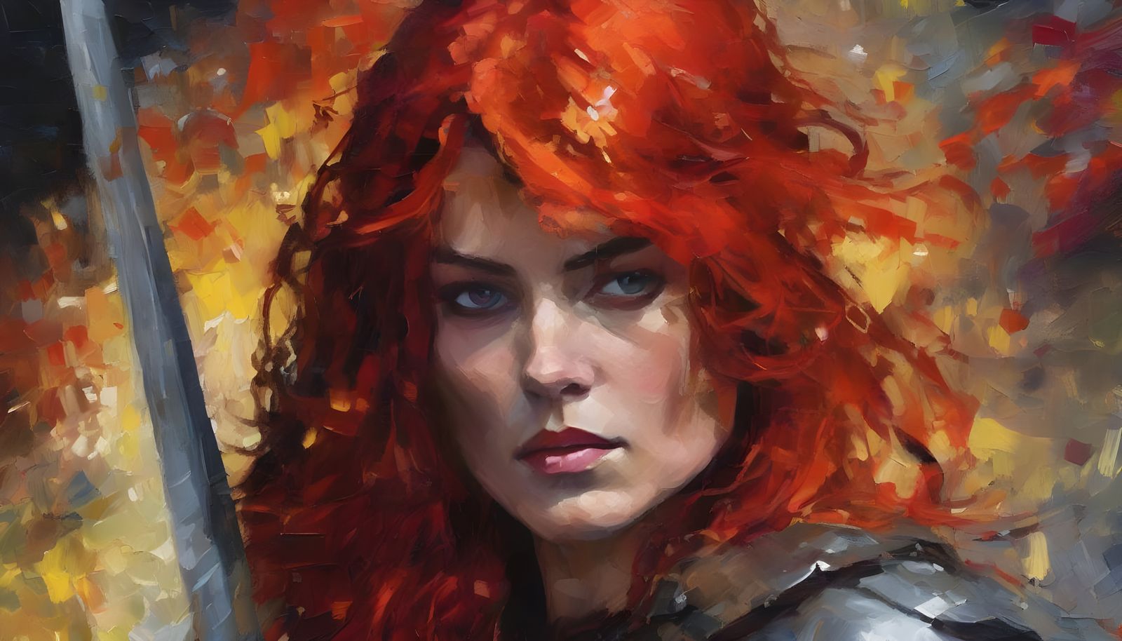 Surreal, Impasto Painting of Red Sonja in Fiery Battle