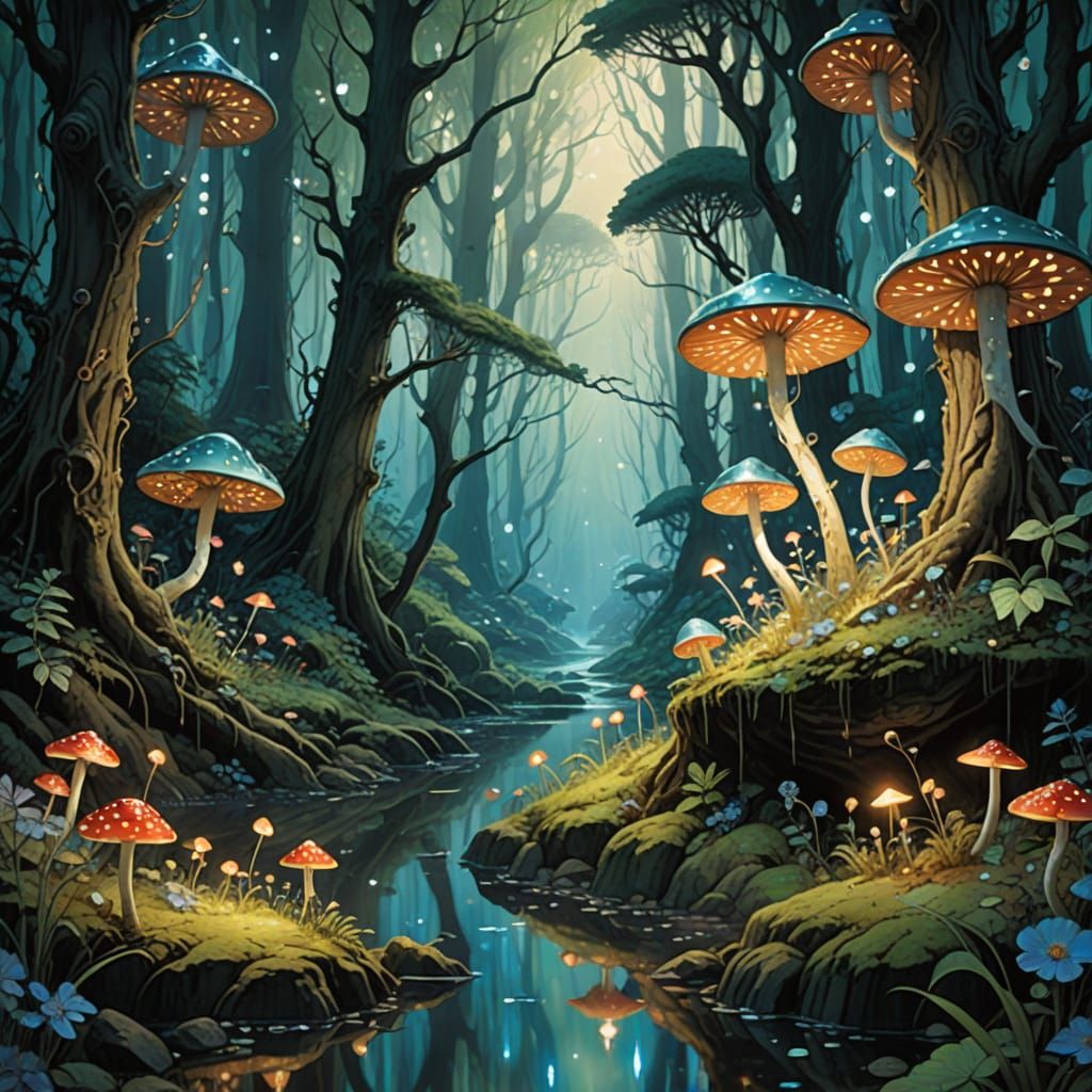 Dreamlike 3D-Rendered Fantasy Forest with Glowing Mushrooms ...