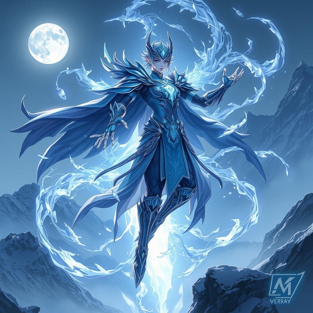 Ethereal Warrior Amidst Swirling Auroras in Moonlit Mountain...