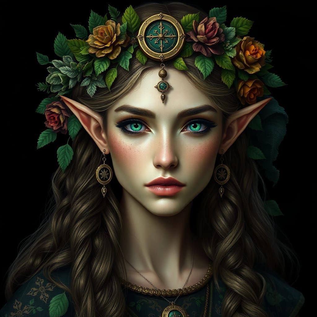 Regal Elven Druid Portrait in High-Fantasy Art