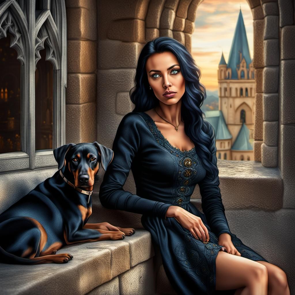 Woman and Dobermann in Gothic Castle: Detailed Fantasy Art