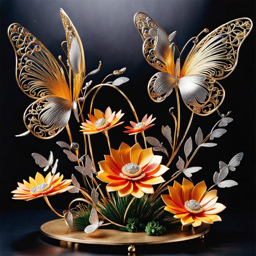 Intricate Metal Flower Bouquet in Filigree Line Art