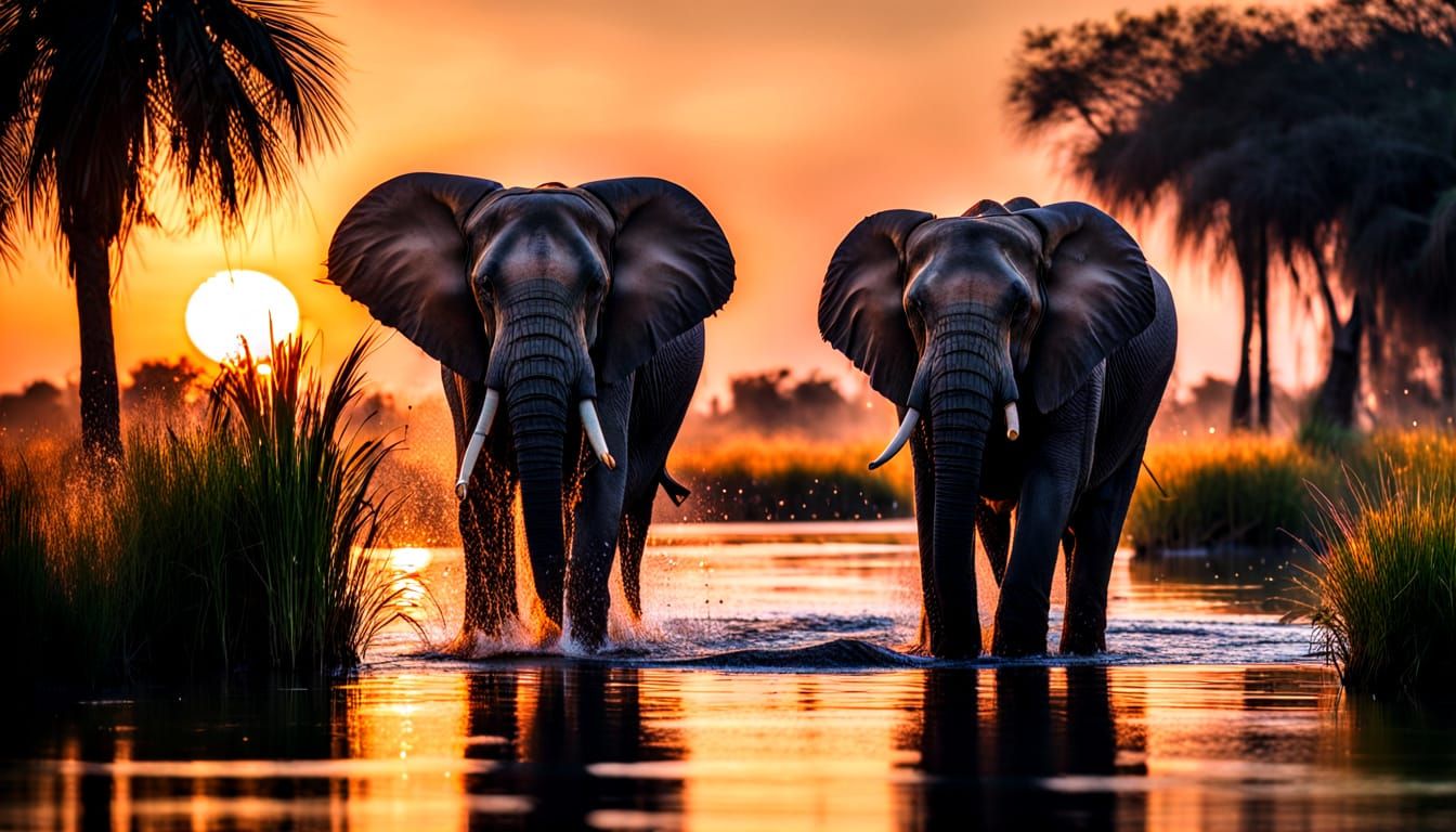 Elephants Bathing at Sunset in Okavango Delta
