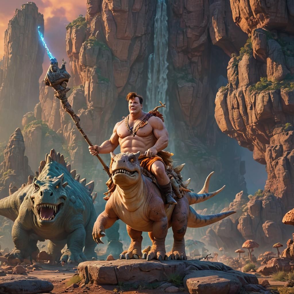 Fred Flintstone Rides a Dinosaur in Fantasy World