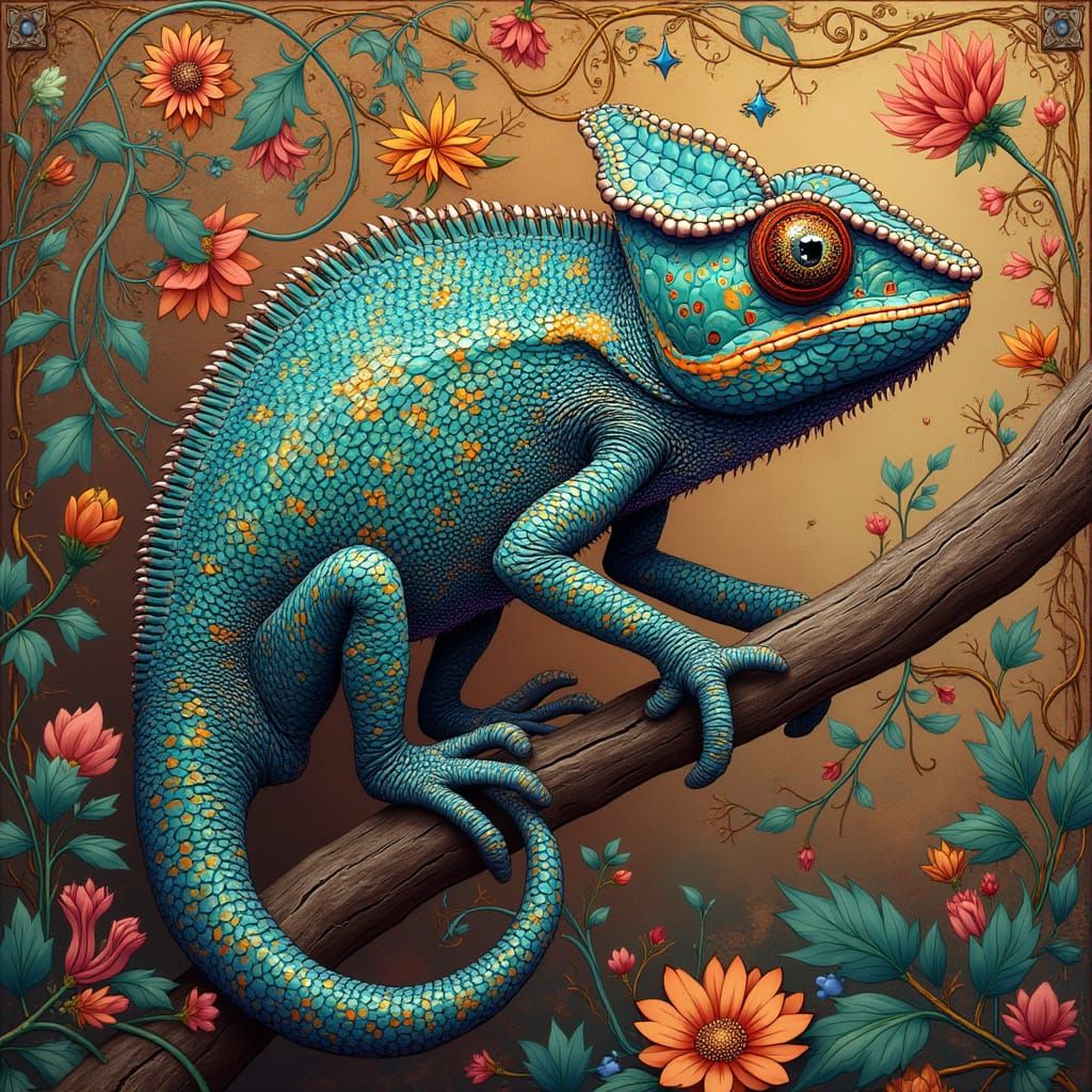 Chameleon Blends Into Art Nouveau Painting