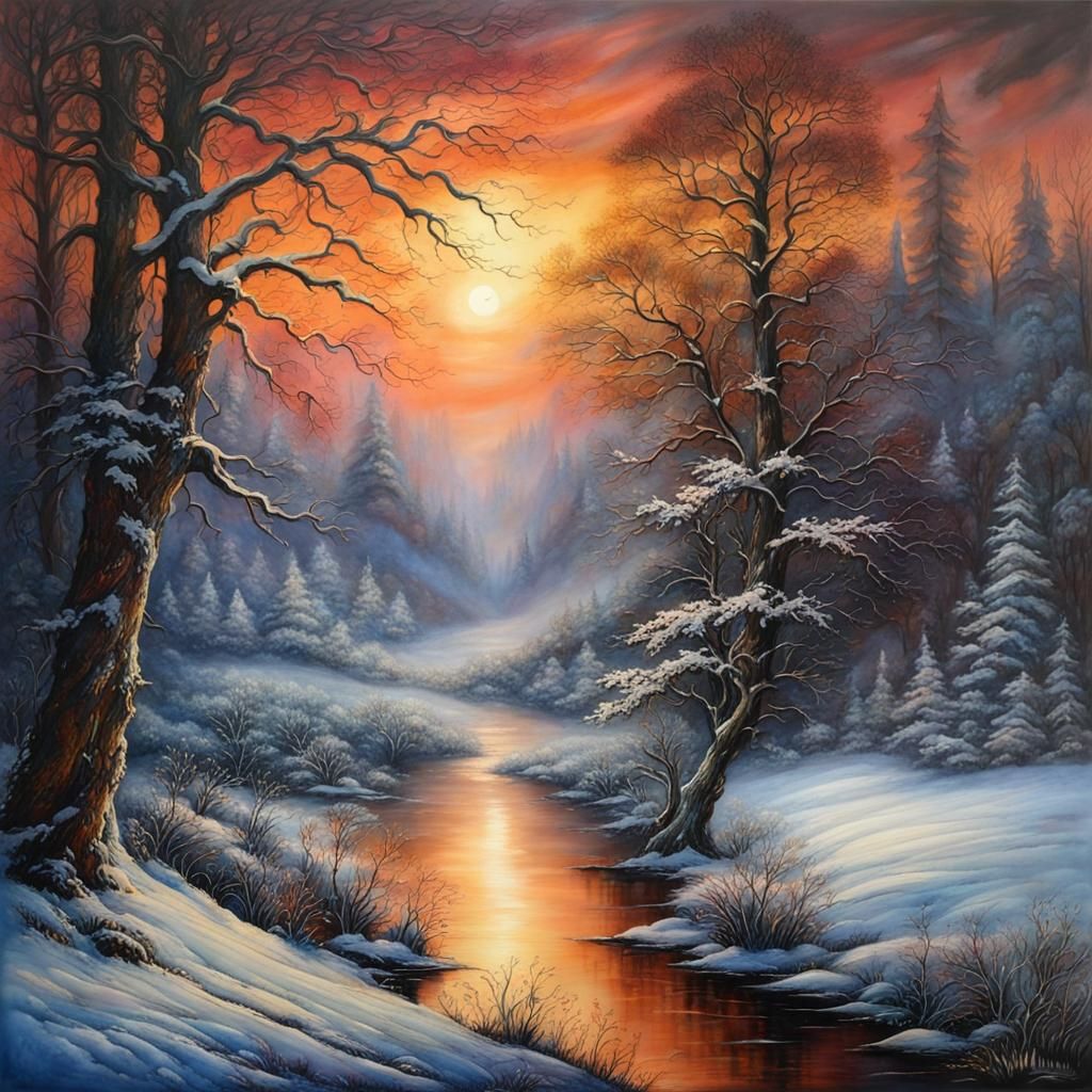 Dramatic Encaustic Winter Wonderland with Ethereal Fantasy