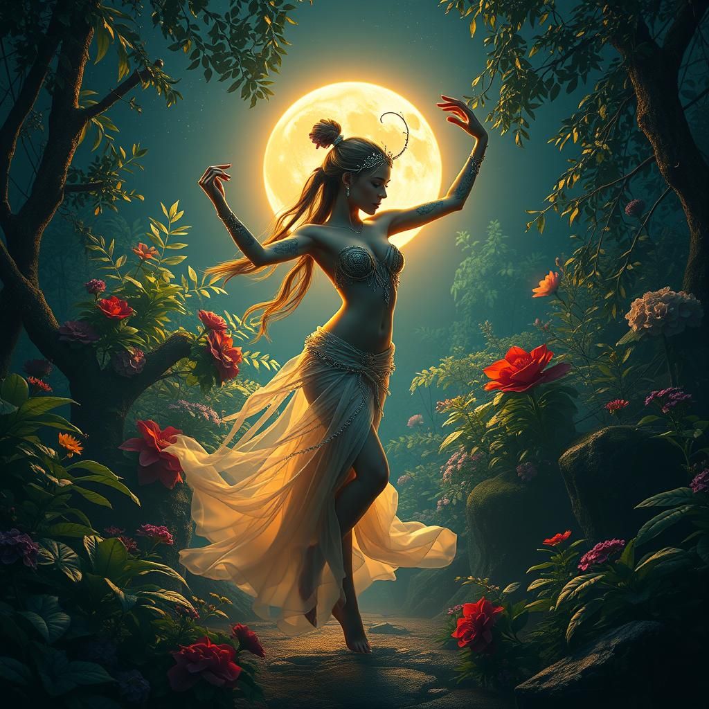 Mystical Dancer in Moonlit Forest, Concept Art