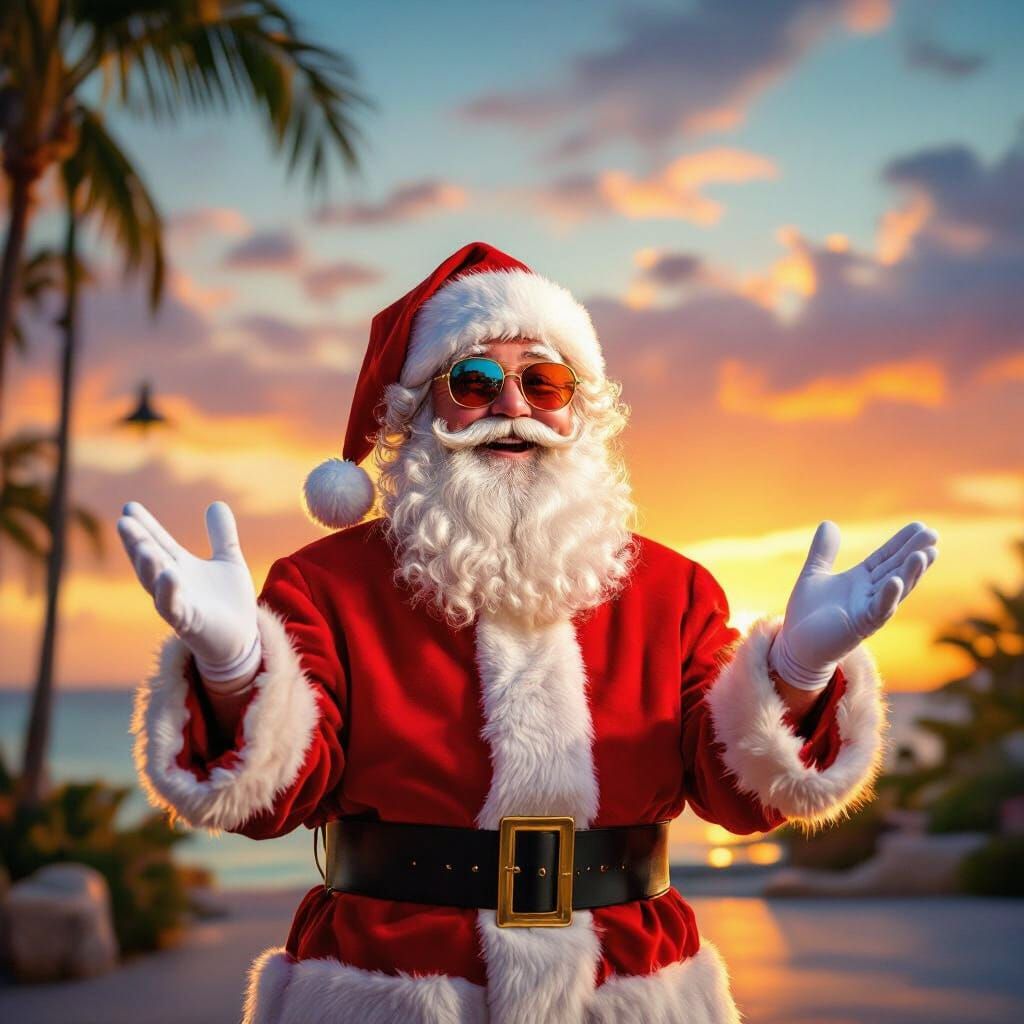 Santa in Sunglasses and Shorts at Tropical Sunset