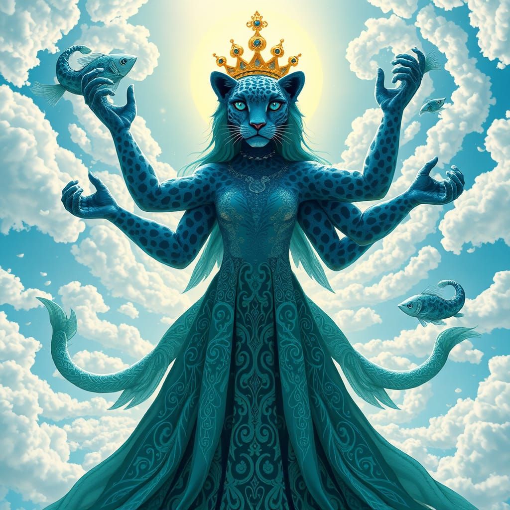 Six-Armed Leopard Woman in Surreal Landscape