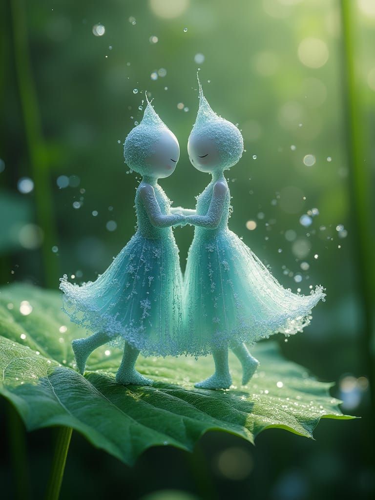 Romantic Water Droplet Couple Dance on a Green Leaf in Dream...