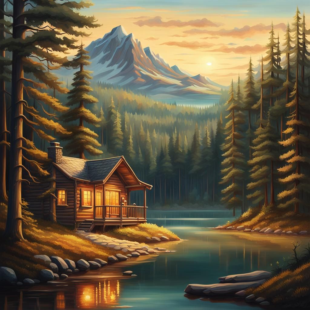 Cozy Cabin in Forest Clearing: Oil Painting