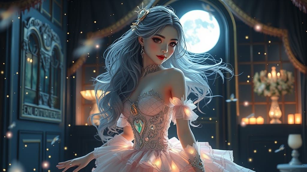 Ethereal Sylph in Ballroom with Bioluminescent Hair