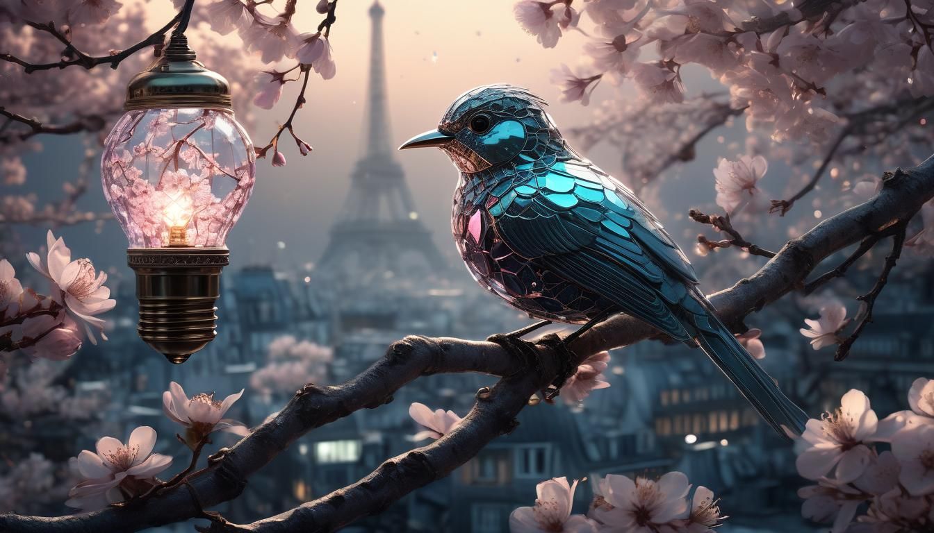 Crystal Bird with Paris in Lightbulb, Digital Art