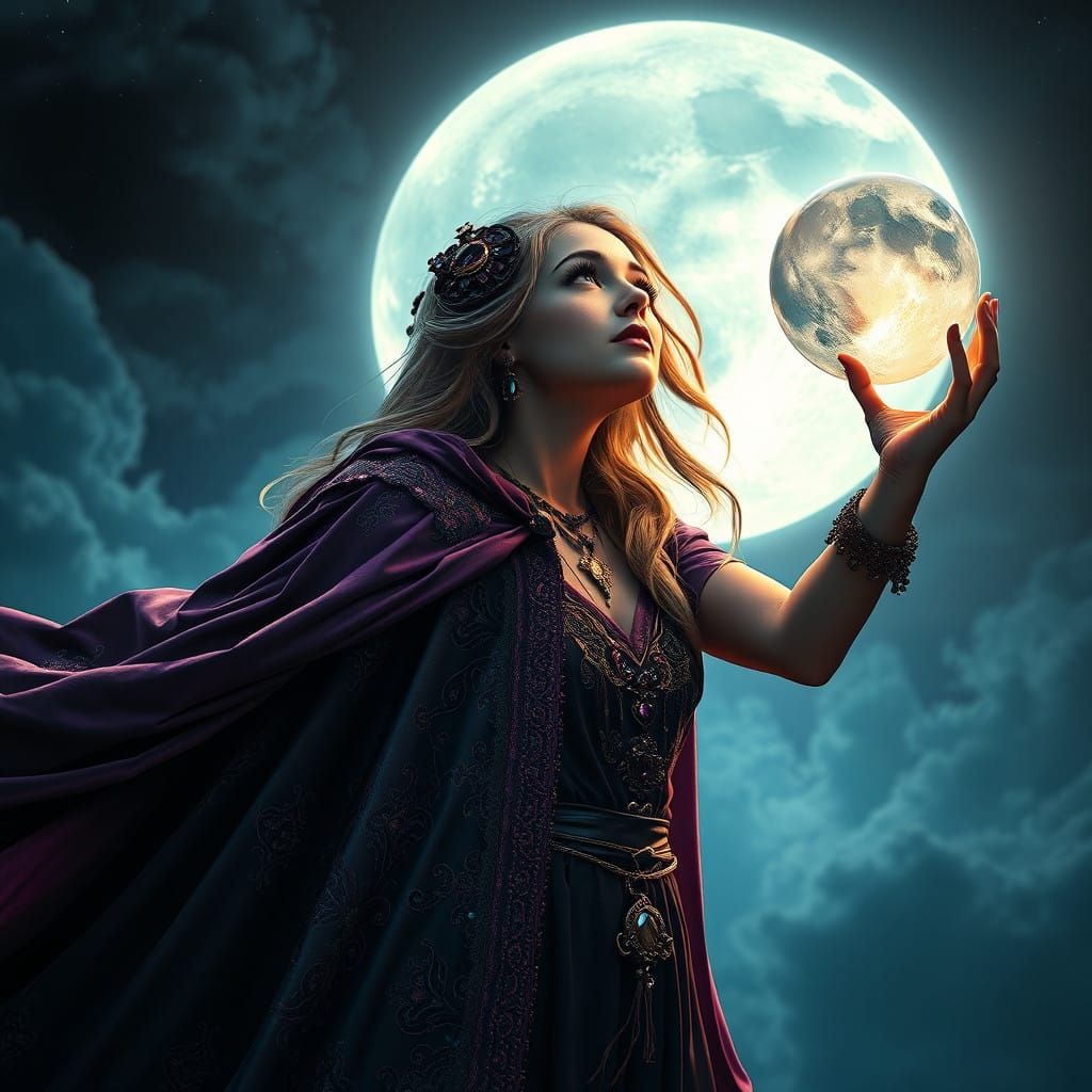 Mystical Psychic in Velvet Cloak Under Full Moonlight