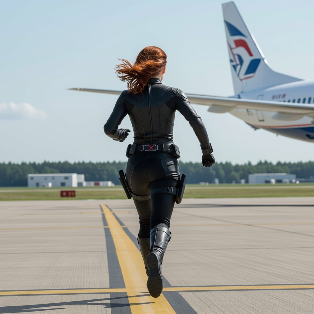 Black Widow Inspired Heroine Rushes Towards Airplane