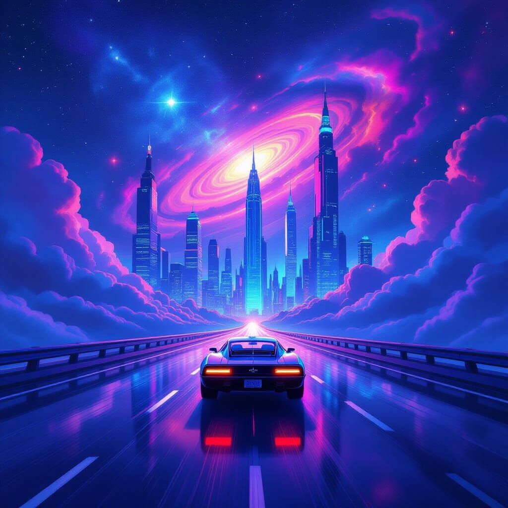 Retro-Futuristic Car on Neon Highway Under Nebula Sky