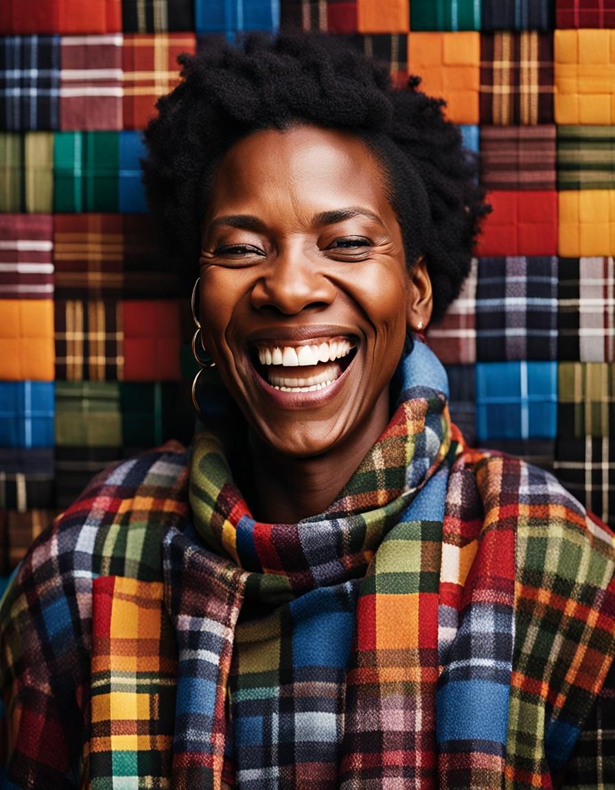 Laughing Woman in Colorful Plaid, Professional Portrait