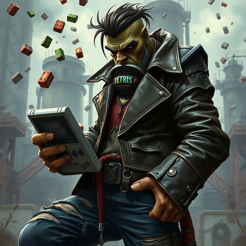 Photorealistic Ork Playing Game Boy with Tetris Blocks