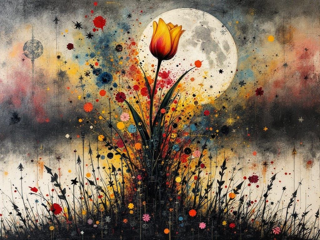 Abstract Floral Explosion in Moody Oil and Encaustic Art