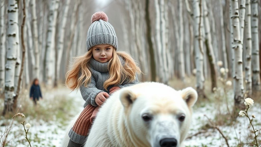 A Young Girl Rides a Polar Bear in an Enchanted Forest