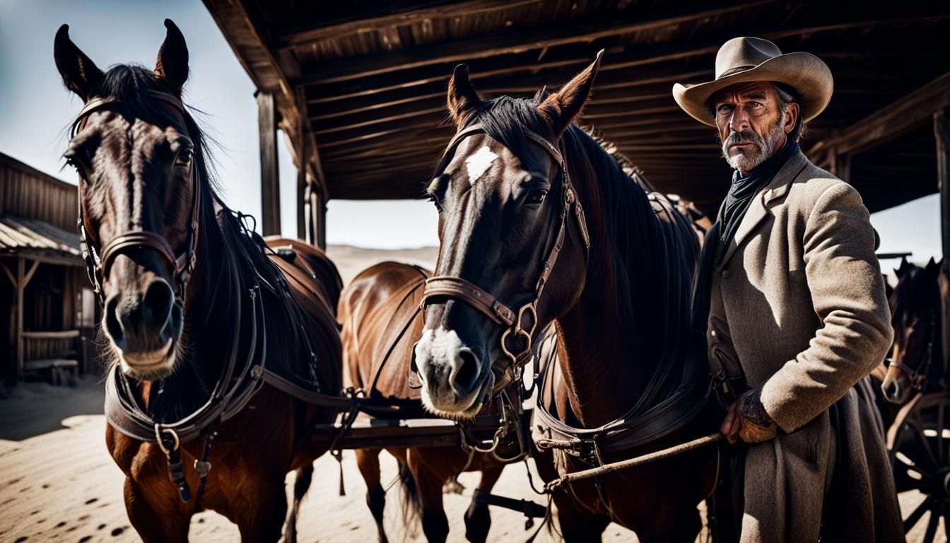 1940s Western Town Scene with Cowboys and Horses