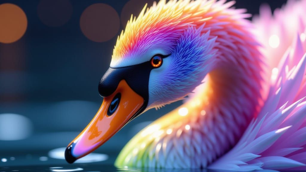 Hyper-Realistic Swan in Dazzling Rainbow Feathers