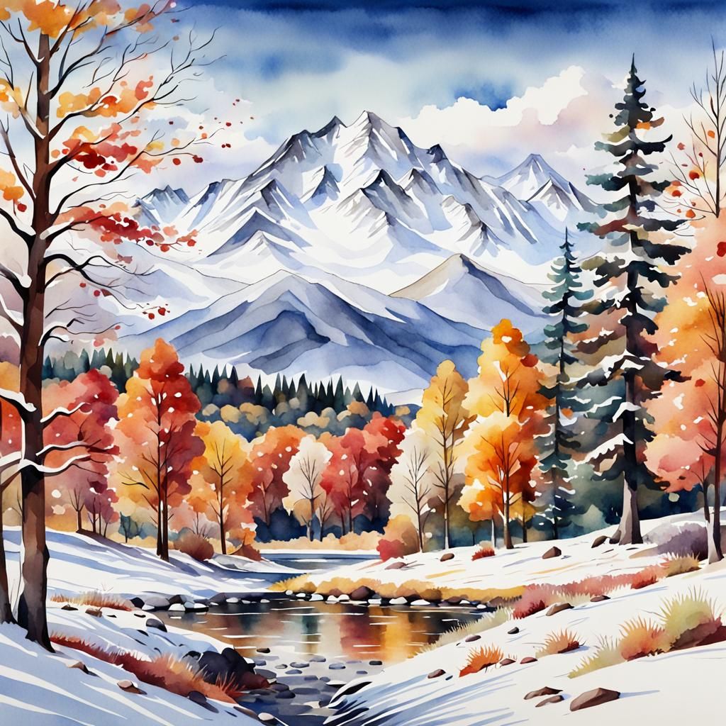 Autumn Trees and Snow Mountains in Watercolor