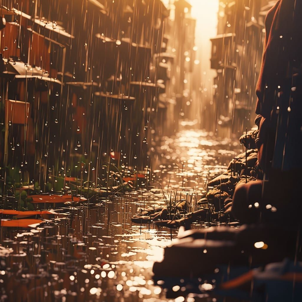 Rainy City Streets in Vibrant Golden Light