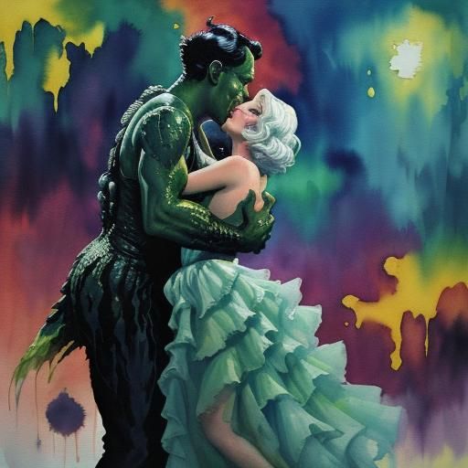Creature Black Lagoon Dancing with Marilyn in Gouache