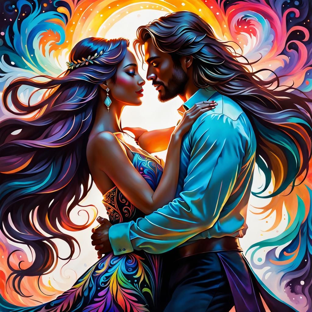 Vibrant Colorful Silhouette of Embracing Couple