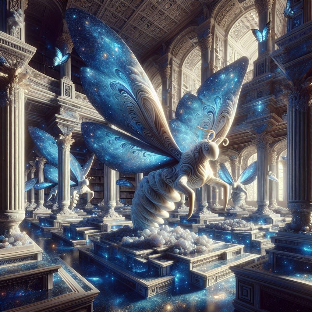 Galactic Library with Flying Stone Creatures