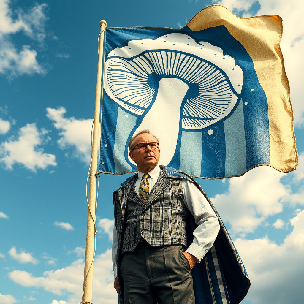 Accountant with Mushroom Flag in Linocut Art Style