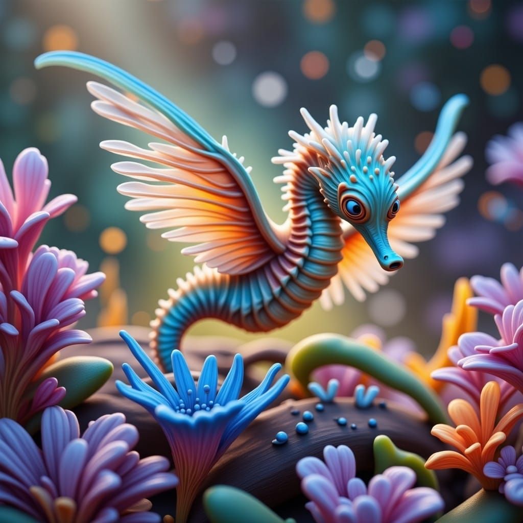 Whimsical Seahorse in Vibrant, Dreamlike Scene with Multicol...