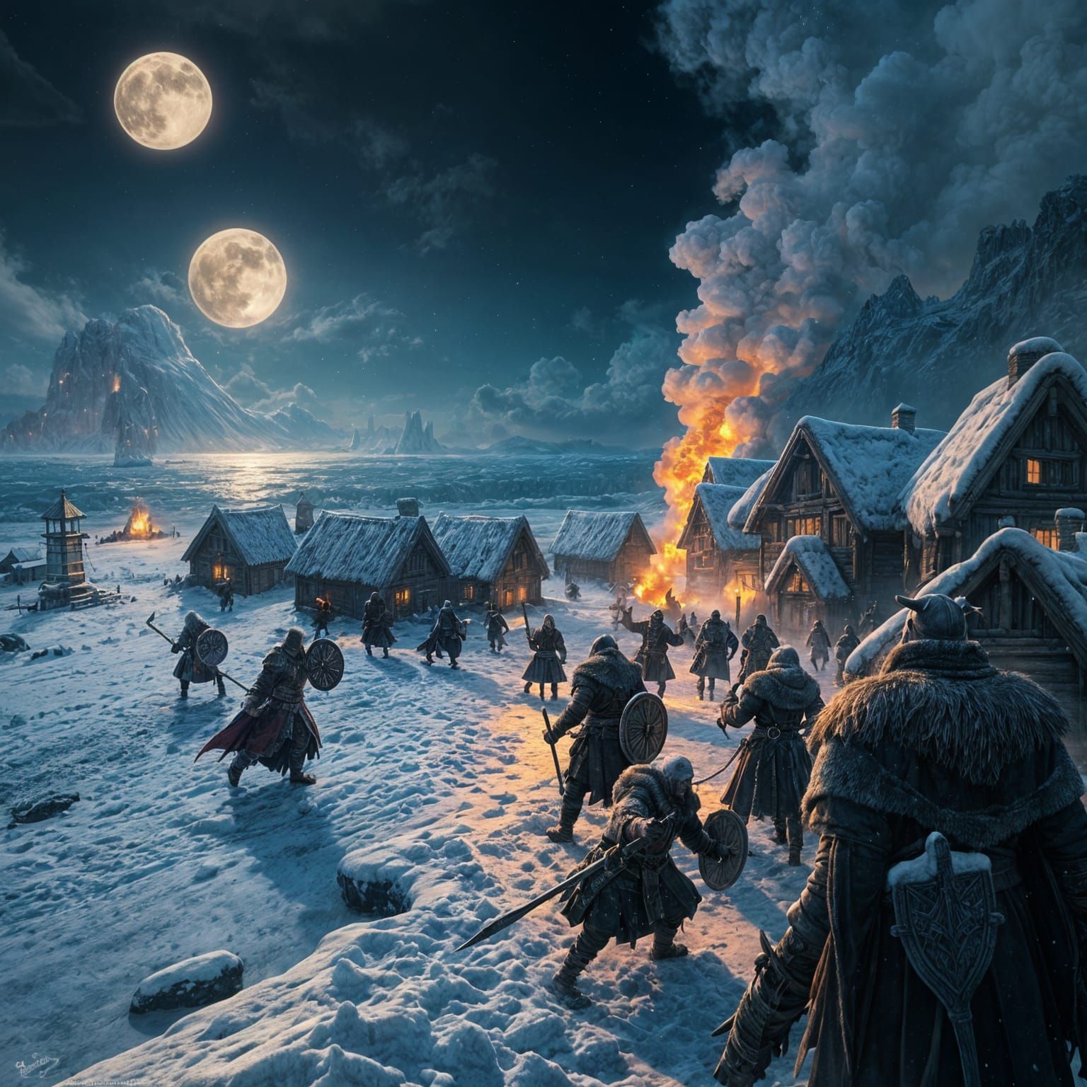 Vikings in a Snowy Village by the Frozen Shore
