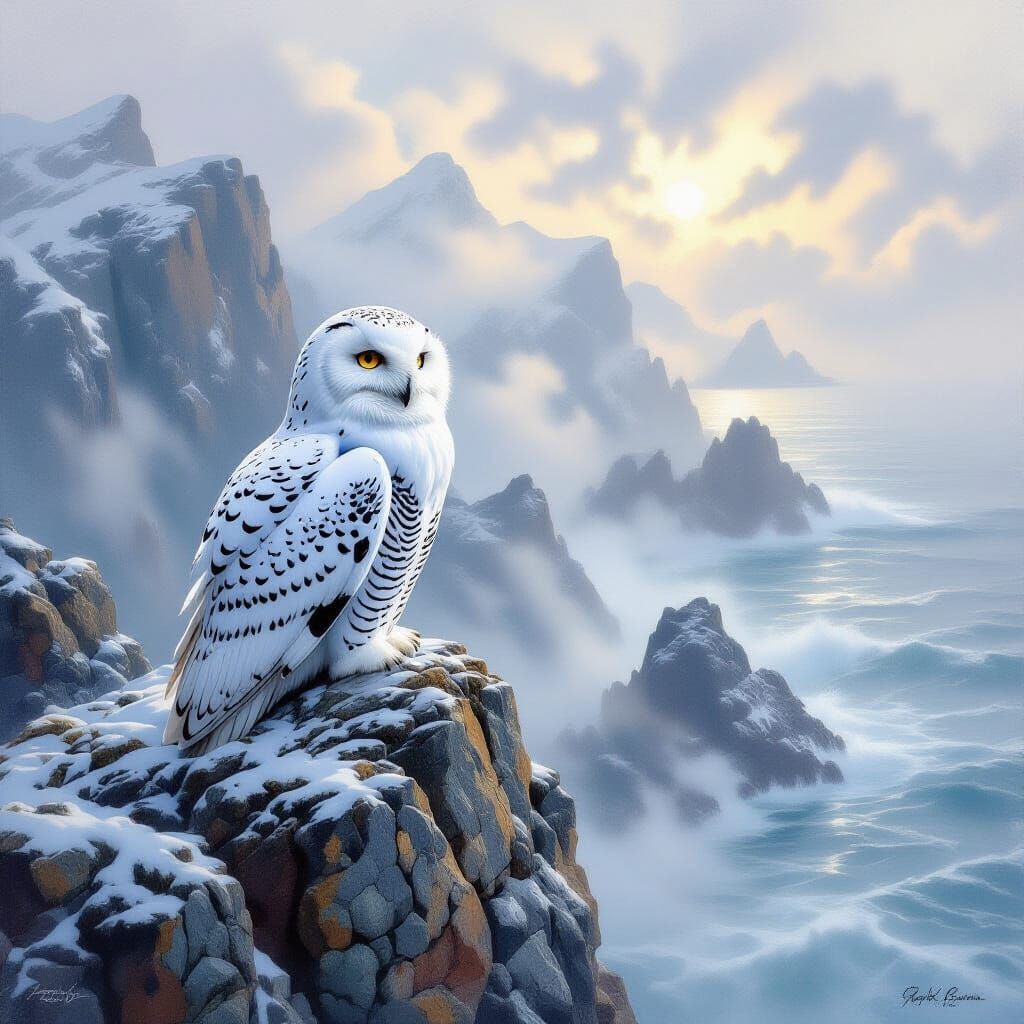 Snowy Owl Overlooking Rugged Coastline in Realist Style