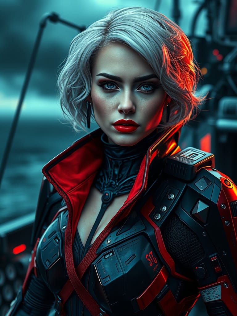 Cyberpunk Cyborg Warrior in Dark, Gritty Sci-Fi Ship