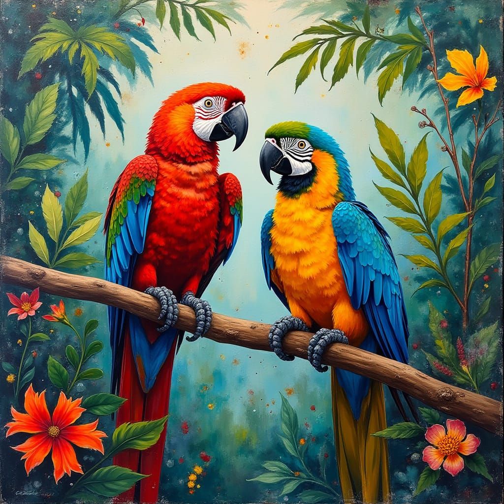 Parrots in Tropical Foliage, Expressive Impasto Painting