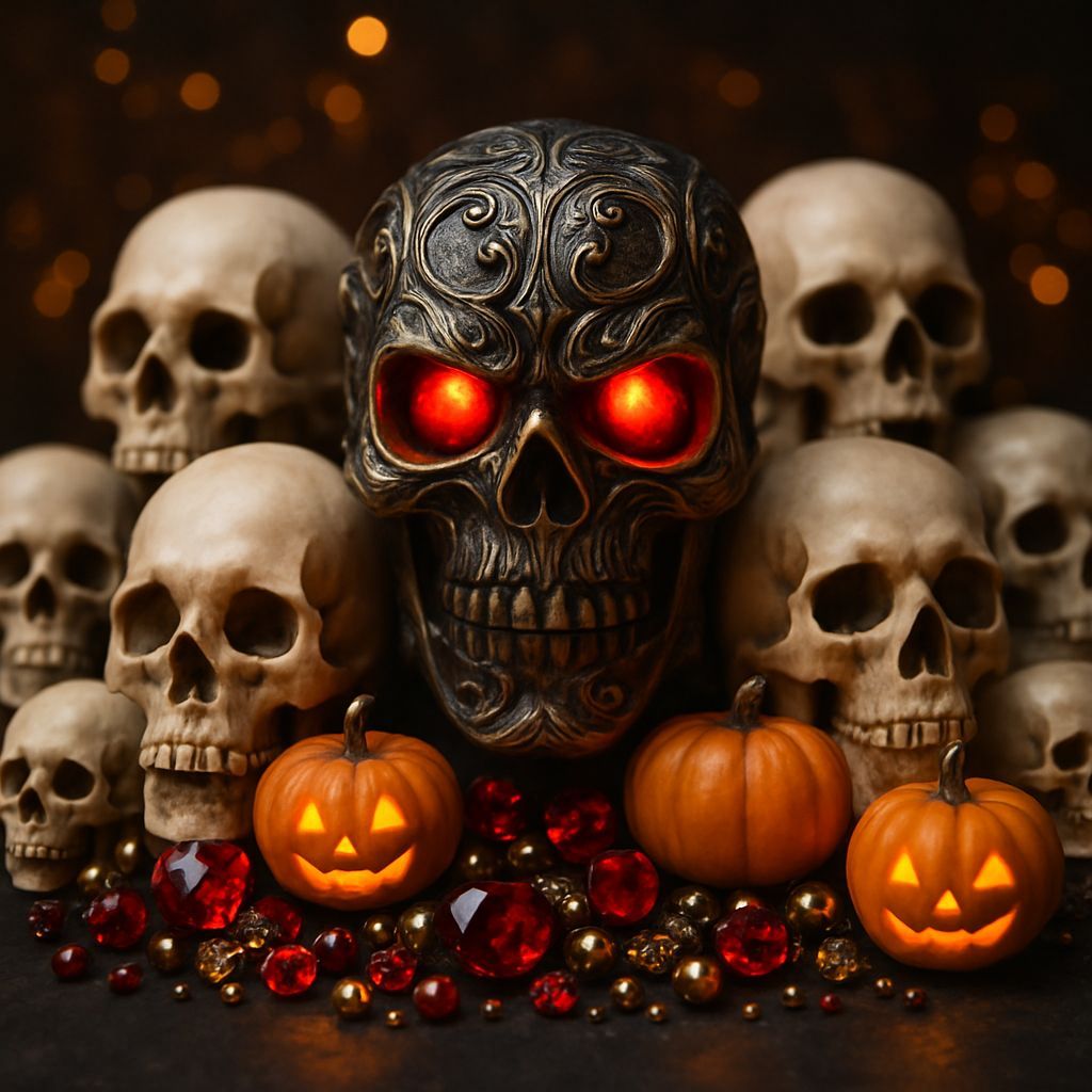 Metallic Skull Still Life with Glowing Red Eyes