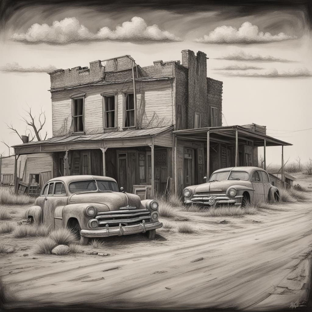 Dilapidated Houses in Rural Texas: Charcoal Drawing