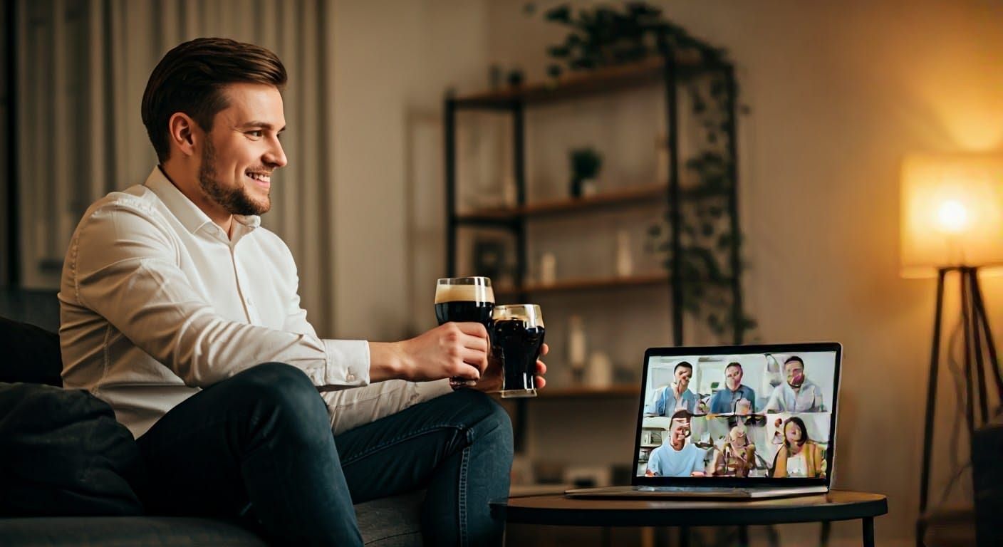 Joyful Man Raises Glass in Virtual Meeting